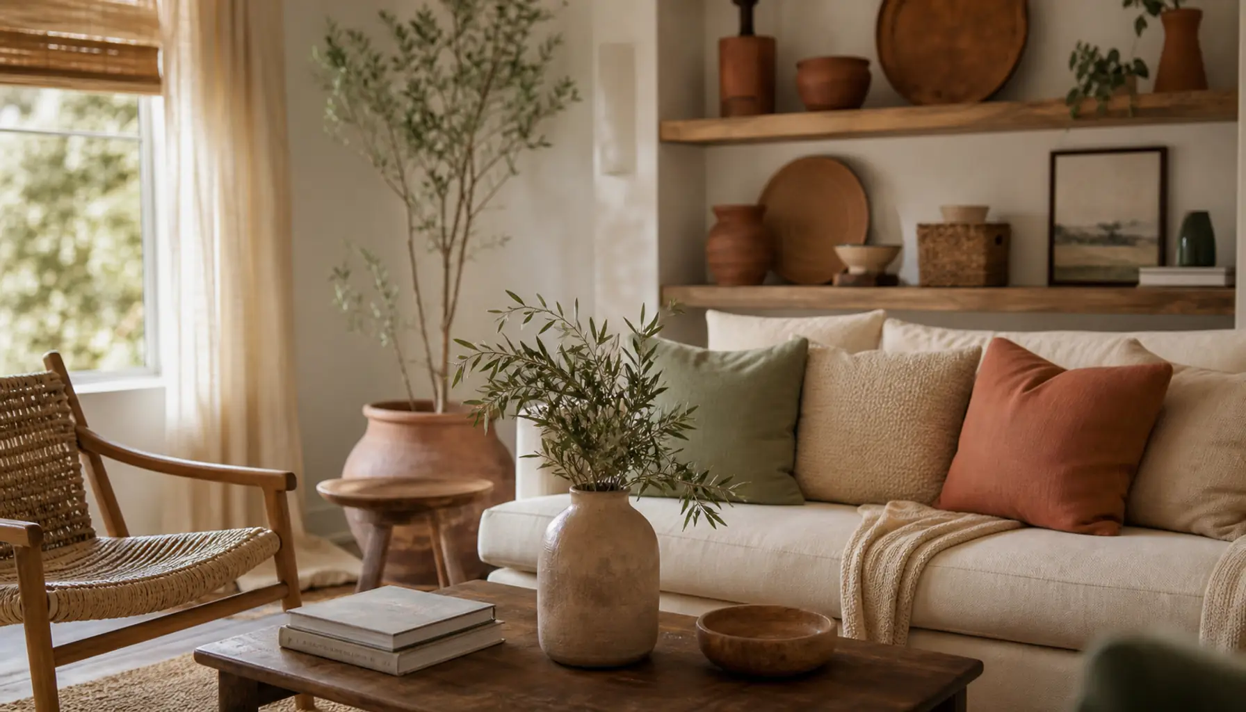A warm cream and terracotta living room vignette with handmade decor on open shelves