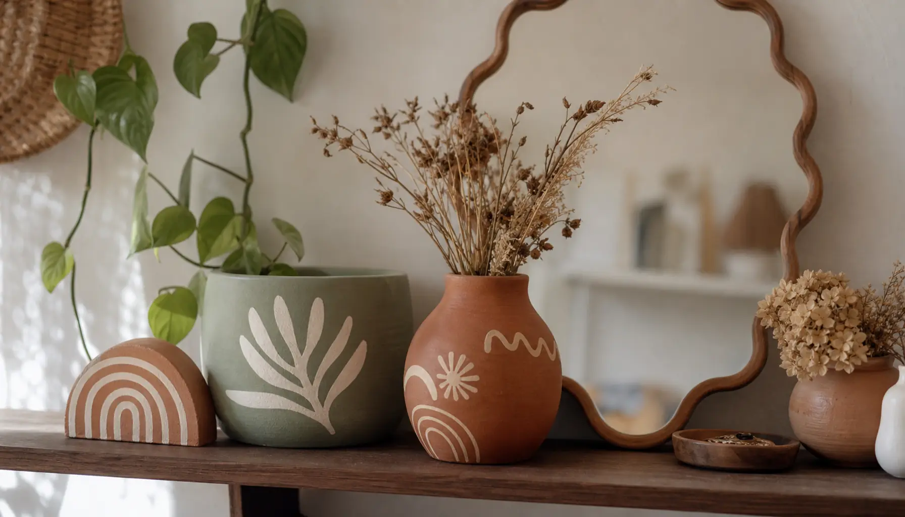A styled open shelf with painted terracotta pots, dried stems, and a scalloped mirror in soft daylight