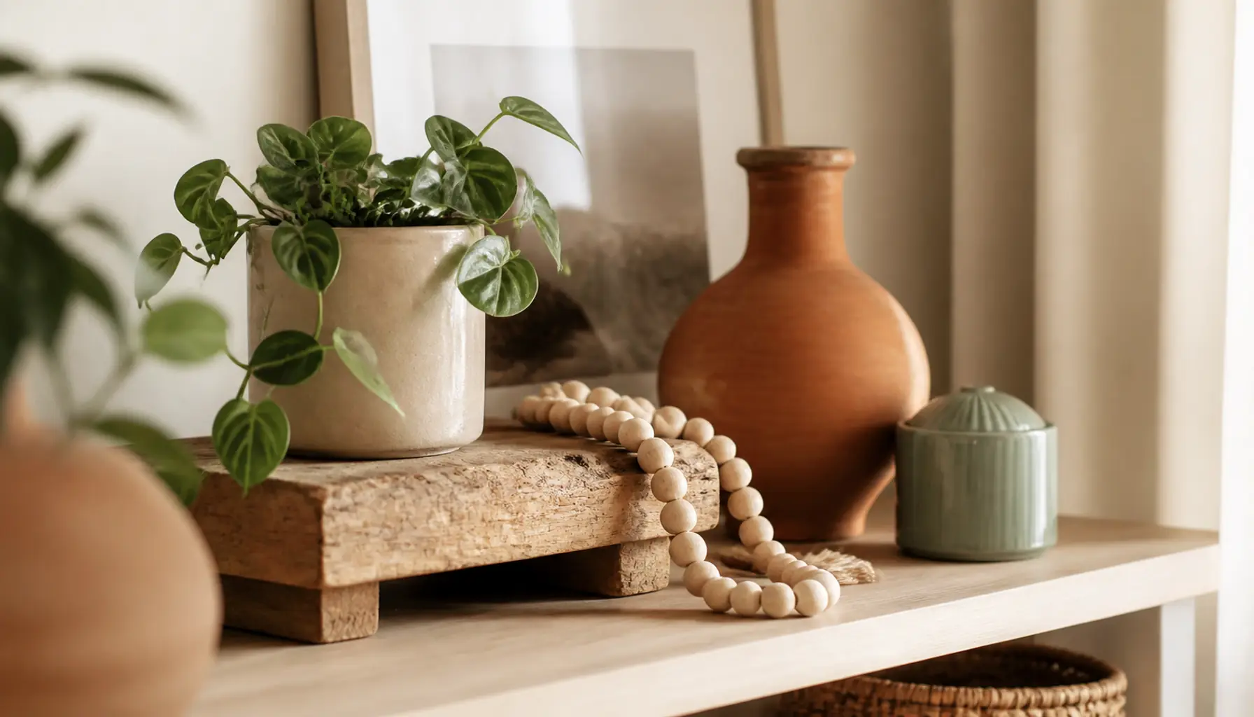 Cream and sand studio shelf styled with small wood offcut decor, terracotta pot, and sage sprig in soft daylight