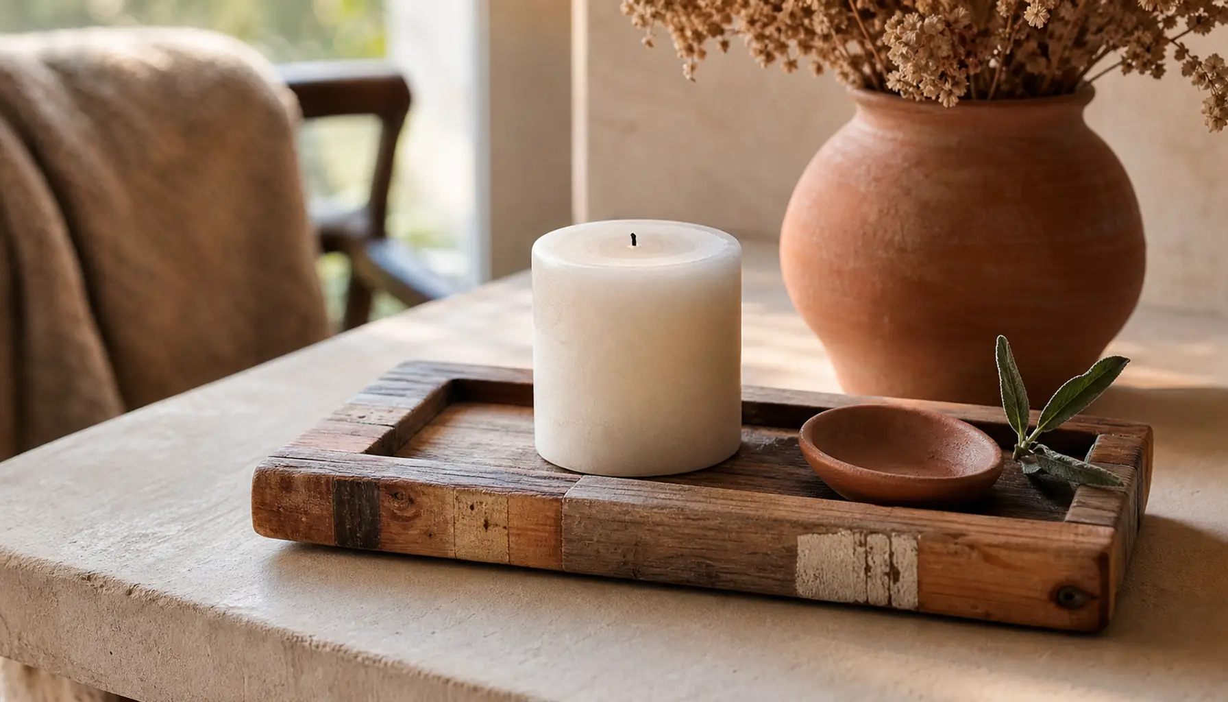 Handmade wood candle tray with pillar candle and dried stems on a sand-toned table, terracotta and sage accents, gentle window light