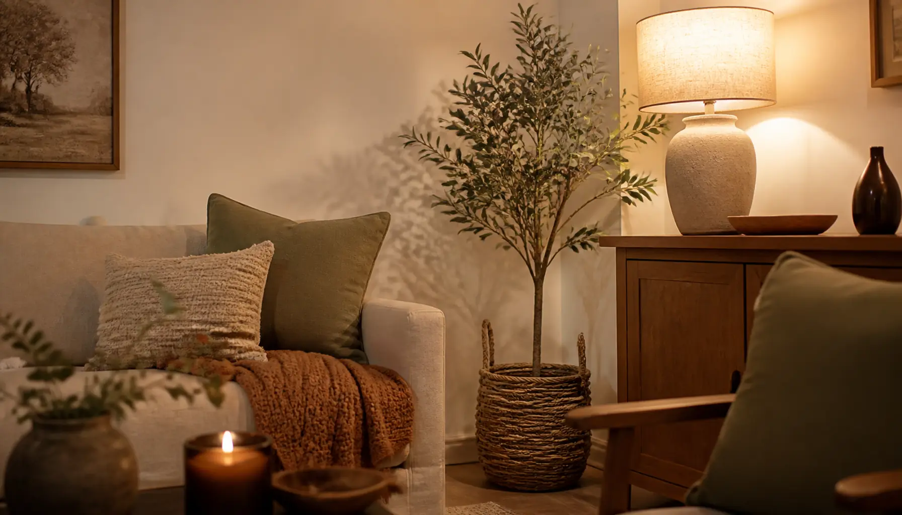 A faux olive tree in a woven basket styled in a warm neutral corner with soft lamplight