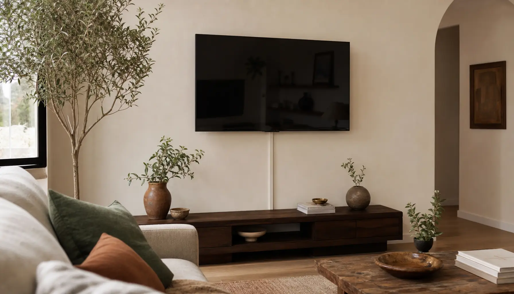 A tidy living room wall where TV cords are hidden with a slim raceway painted to match the wall