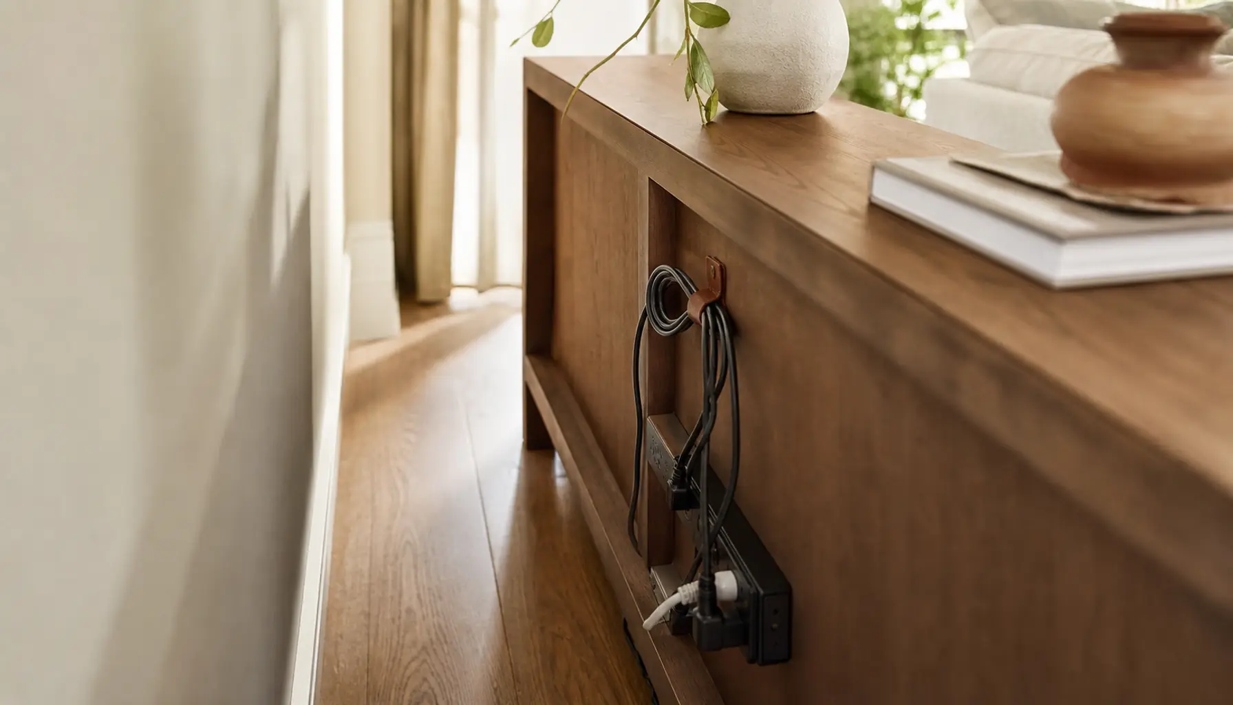 A media console hiding a power strip and cord slack behind it in a warm neutral living room