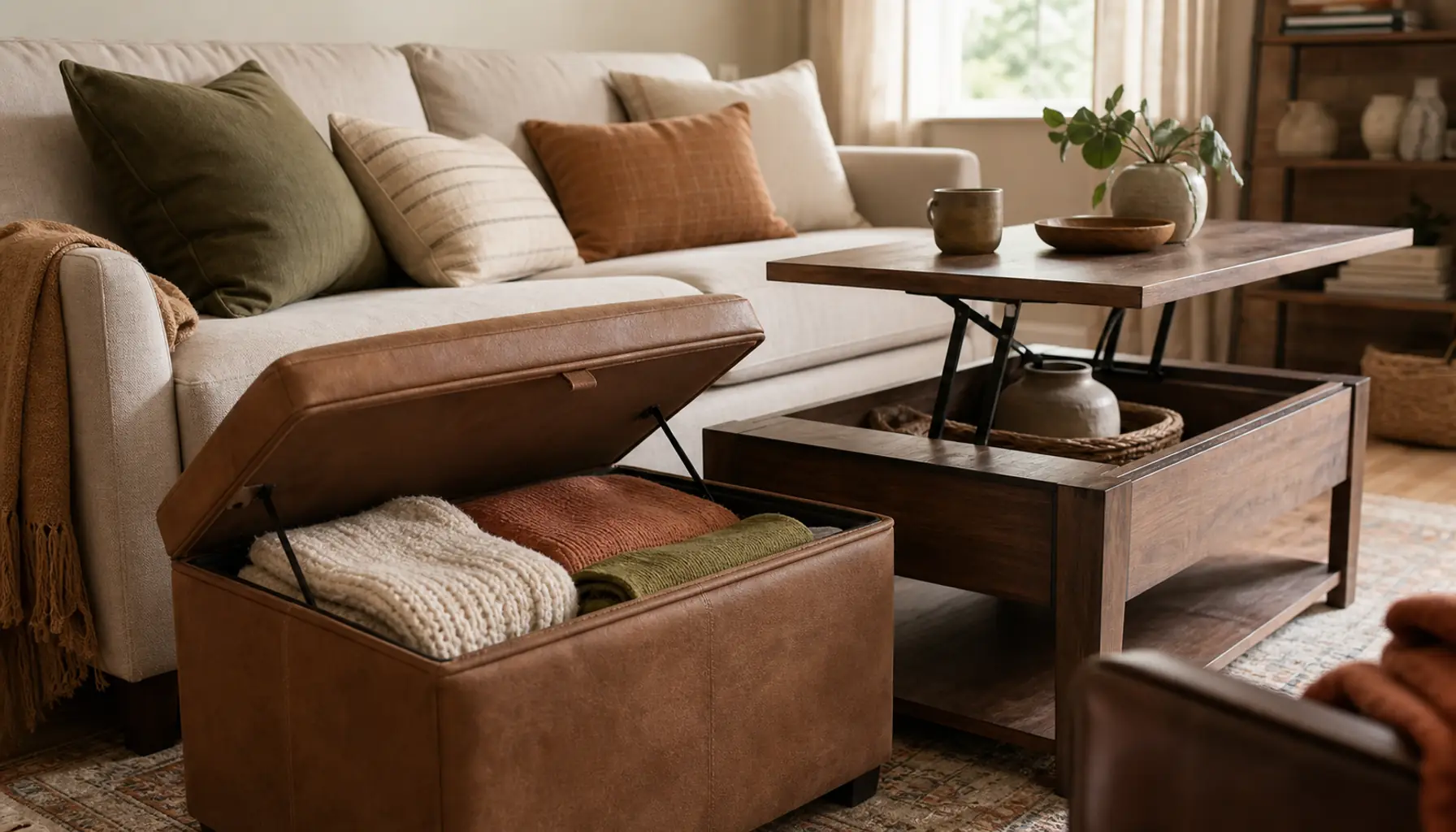A small living room with a storage ottoman and a lift-top coffee table in warm neutral tones