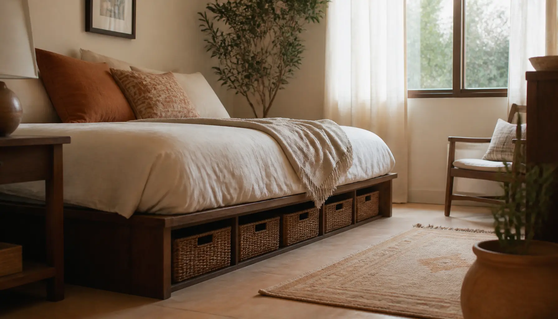 A small bedroom with a storage bed and under-bed baskets keeping the floor clear