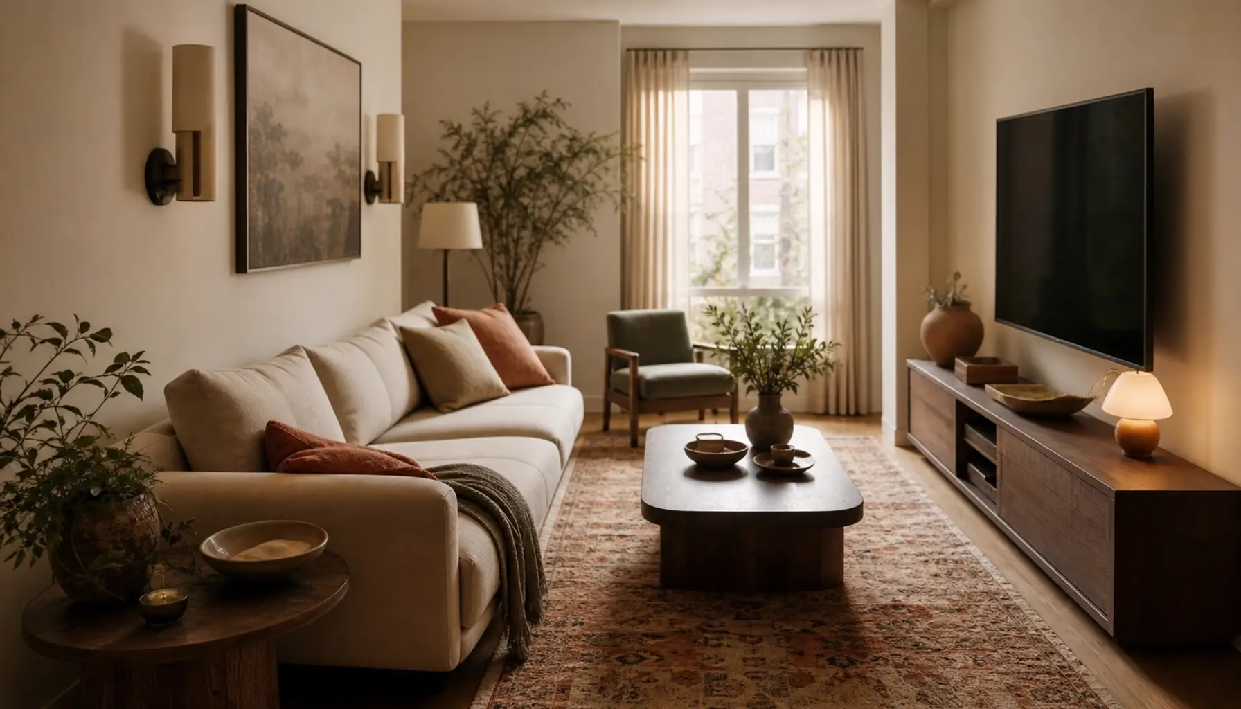 A cozy long narrow living room with a low media console and a floated sofa in warm cream and sand tones with terracotta cushions