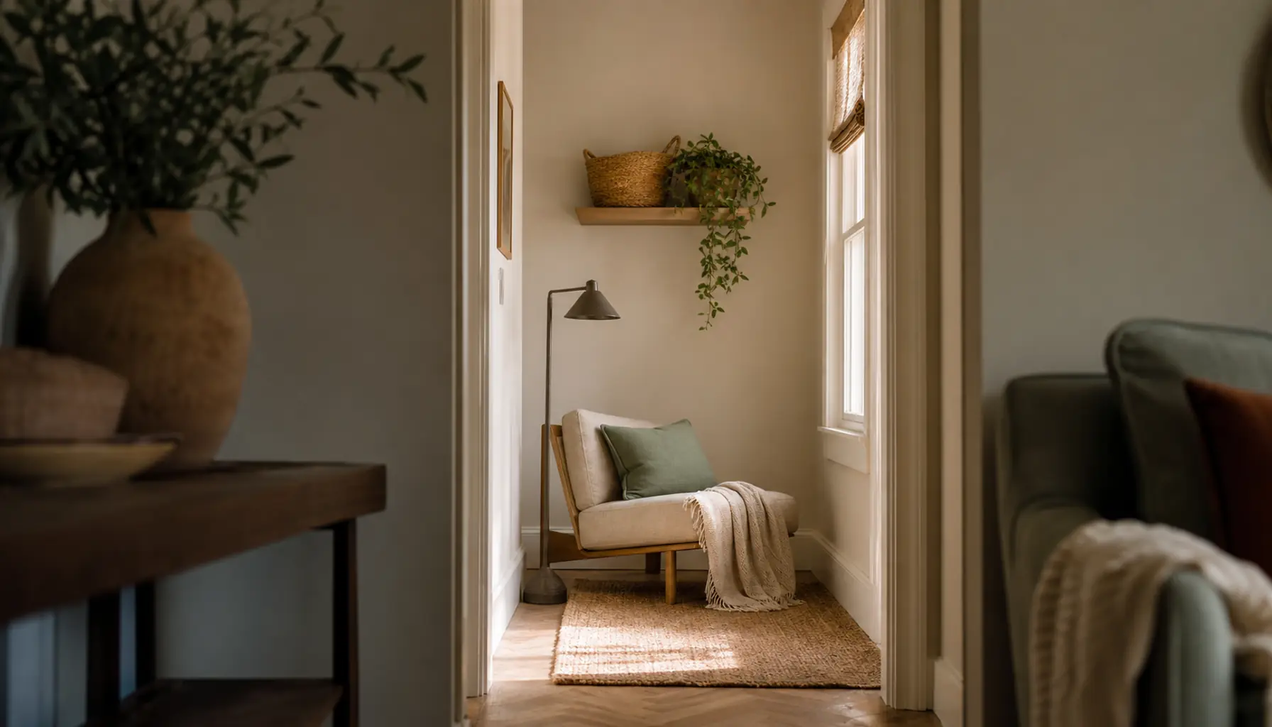 A warm reading nook at the far end of a narrow living room with a floating shelf, a plant, and a woven basket in sand and sage tones under soft daylight