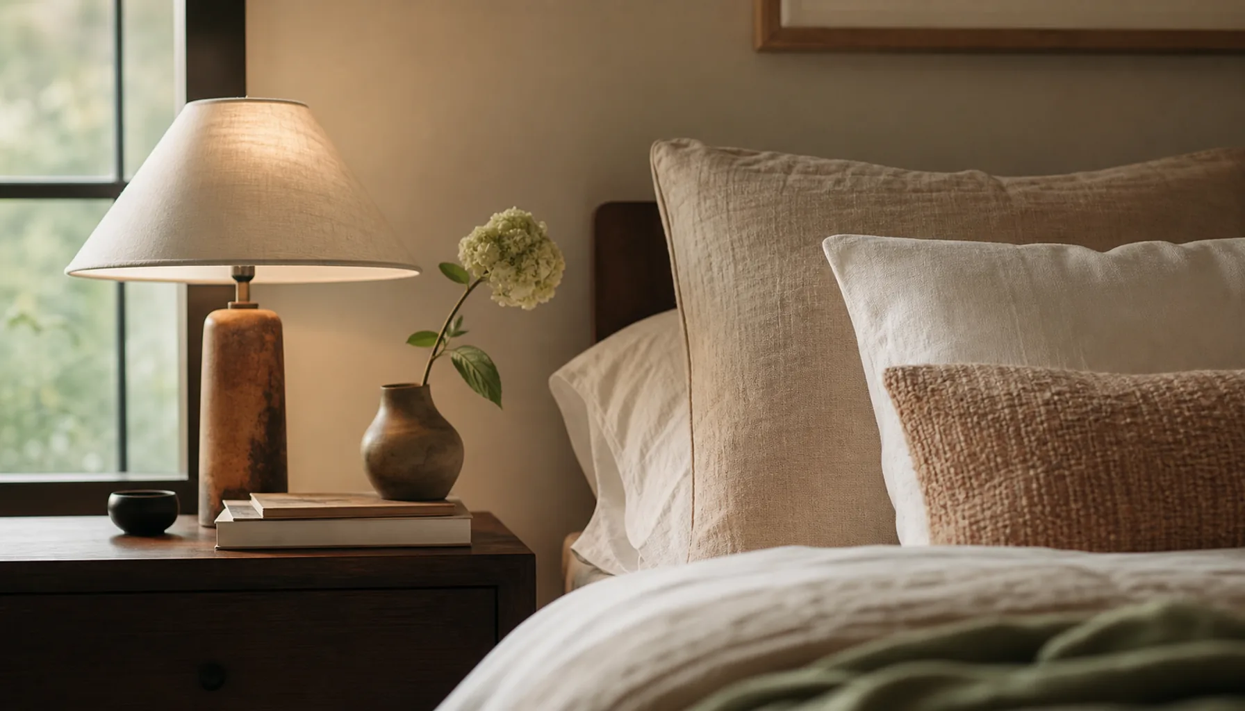 A designer-styled nightstand with a lamp, a stack of books and a small vase beside layered neutral bedding