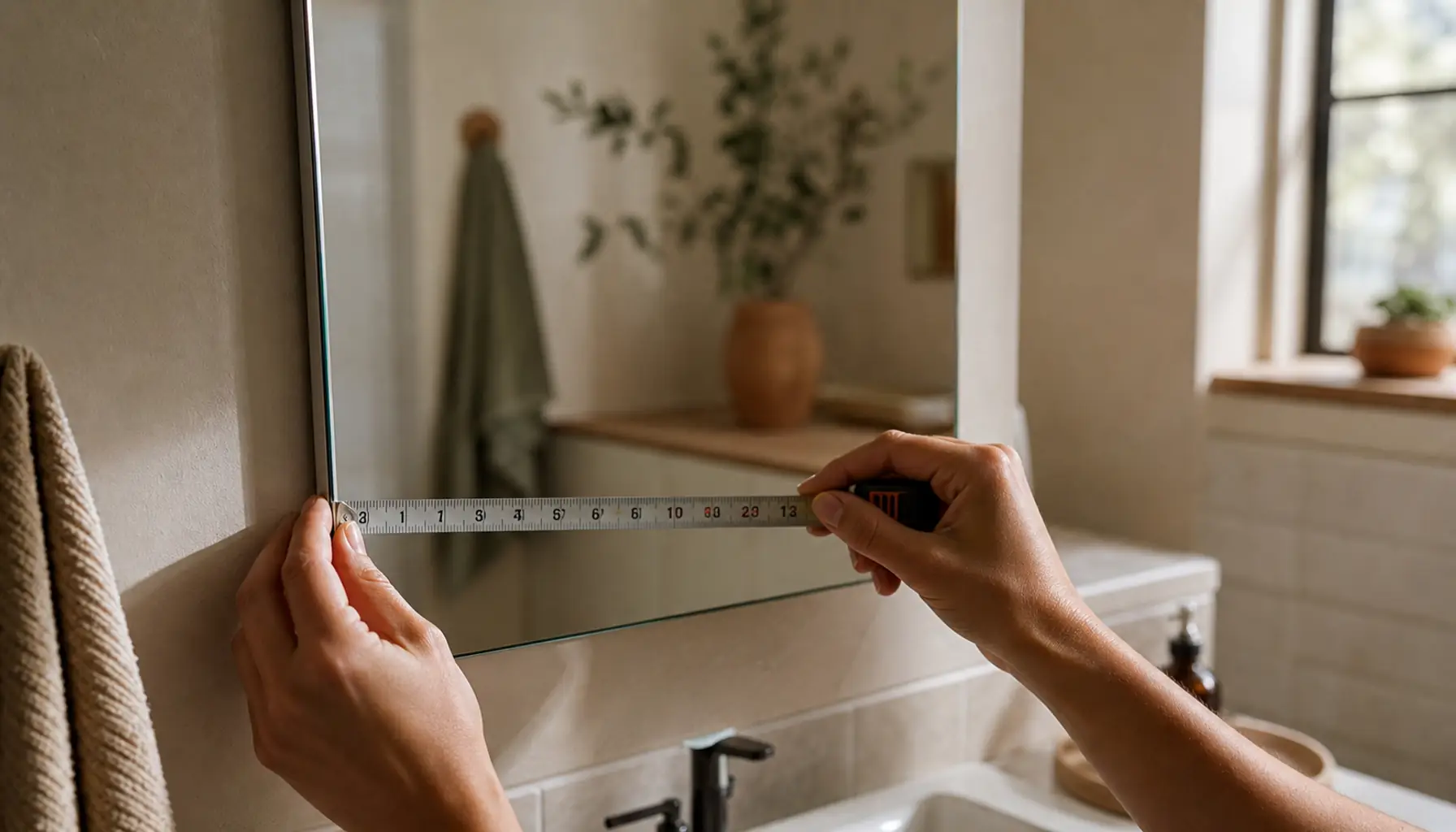 Hands measuring the edge of a builder-grade bathroom mirror with a tape measure, warm cream and sand tones, soft daylight