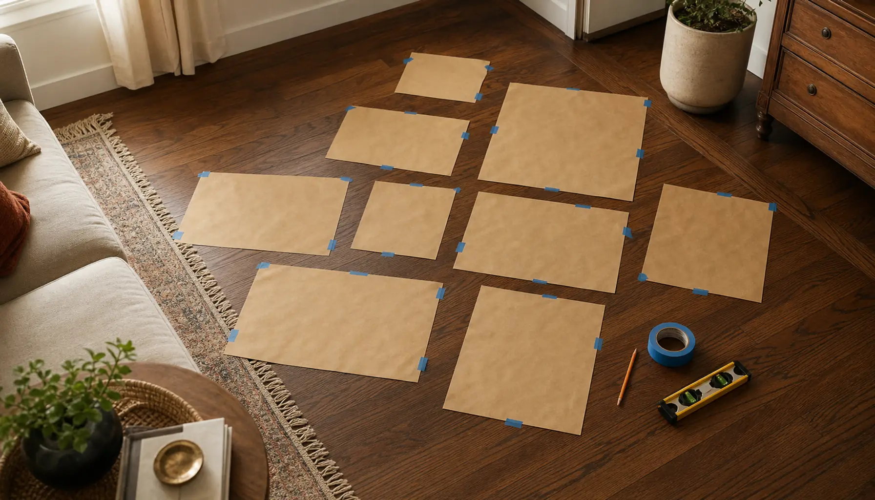 A gallery wall layout planned on the floor with paper templates, painter's tape, a level and a pencil