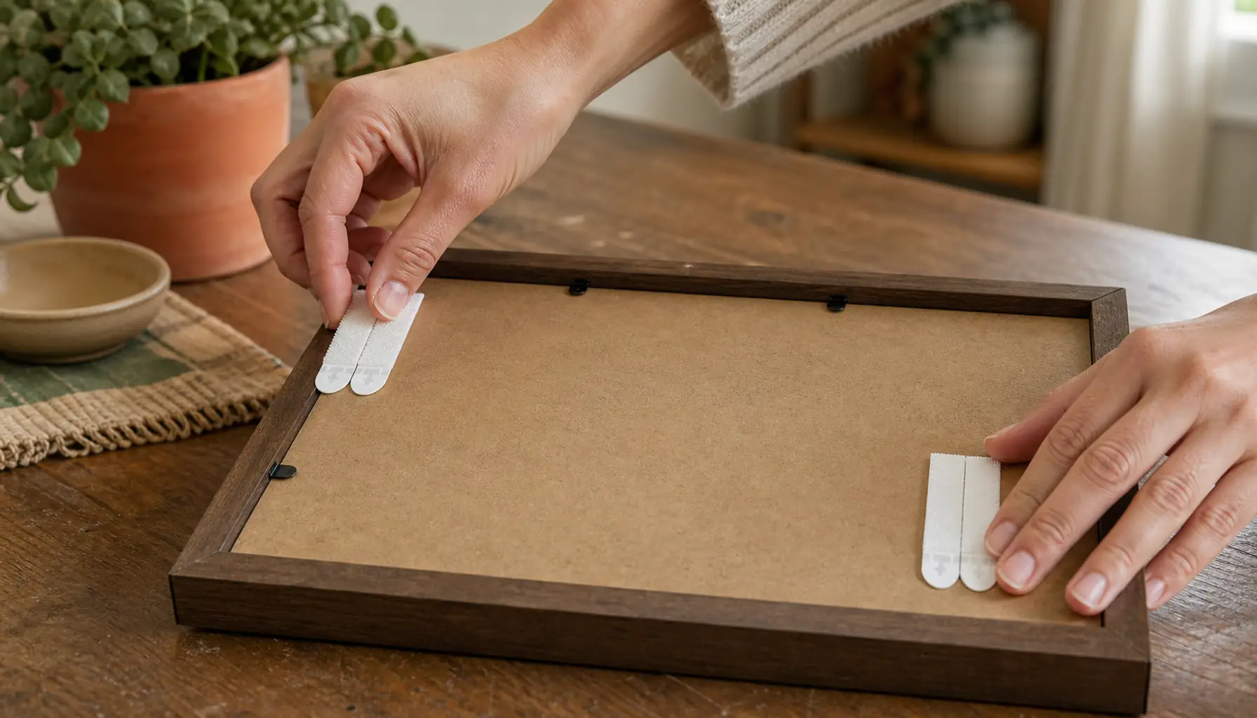 Hands pressing adhesive picture-hanging strips onto the back corners of a wooden frame on a table