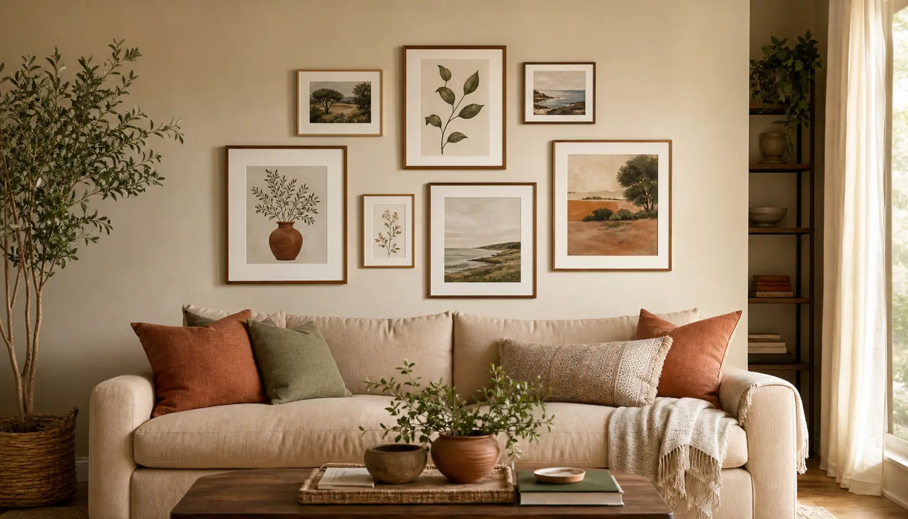 A finished damage-free gallery wall of framed art above a sofa in a warm neutral room