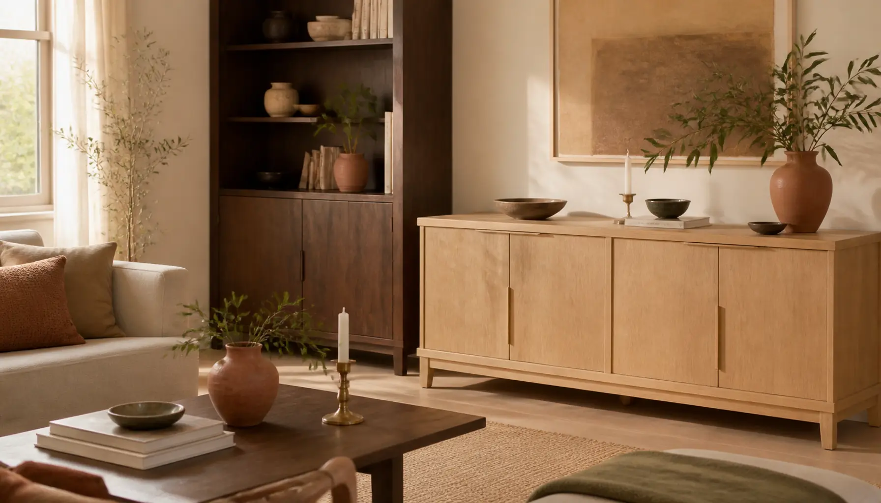 A warm, lived-in living room in cream and sand neutrals with a light oak coffee table, a darker walnut sideboard, terracotta cushions, a sage throw, and soft daylight through the window