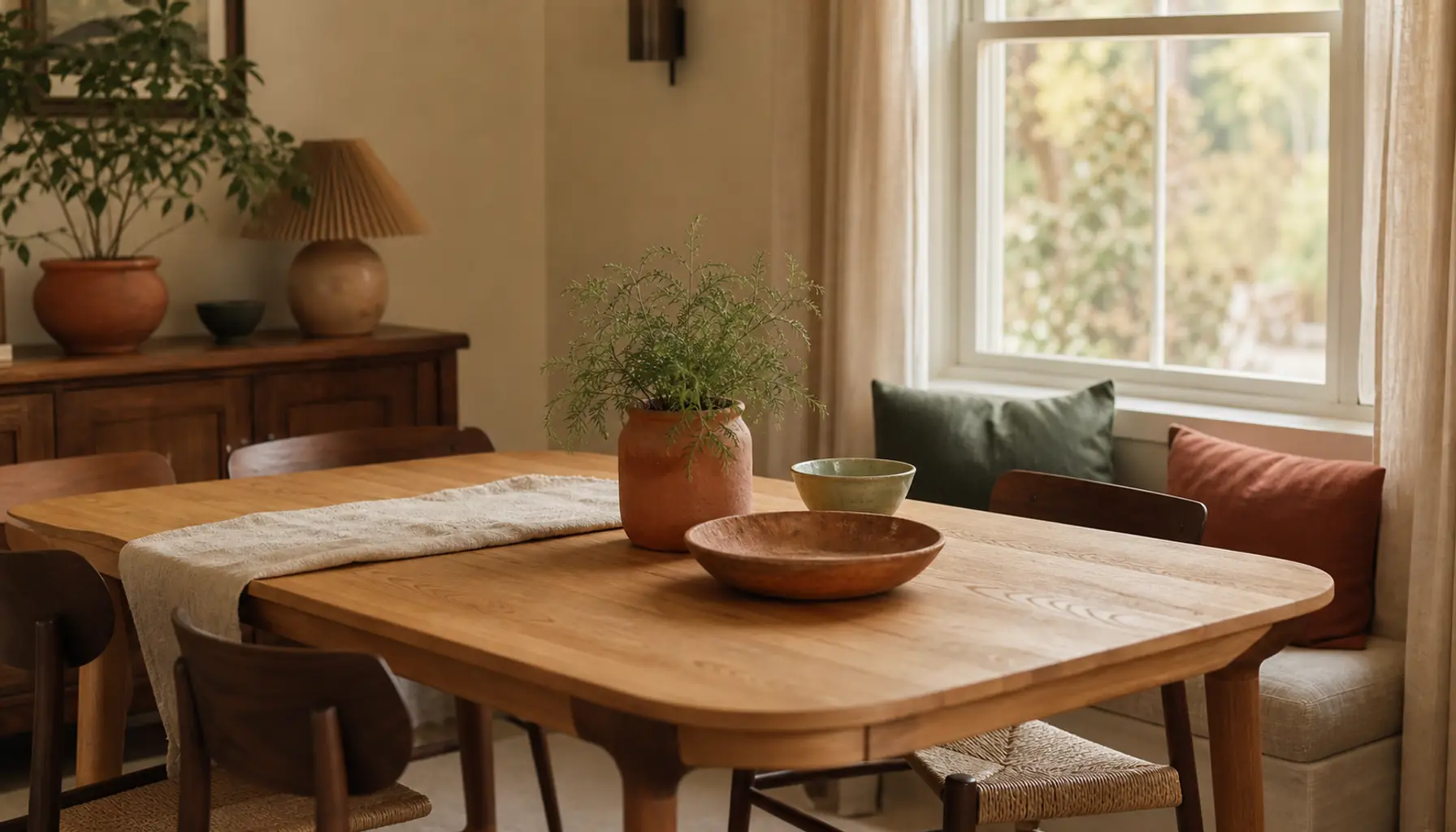 A cozy dining nook in warm cream and sand tones with a light oak table, dark wood chairs, a woven linen runner, terracotta and sage accents, a leafy plant, and gentle daylight