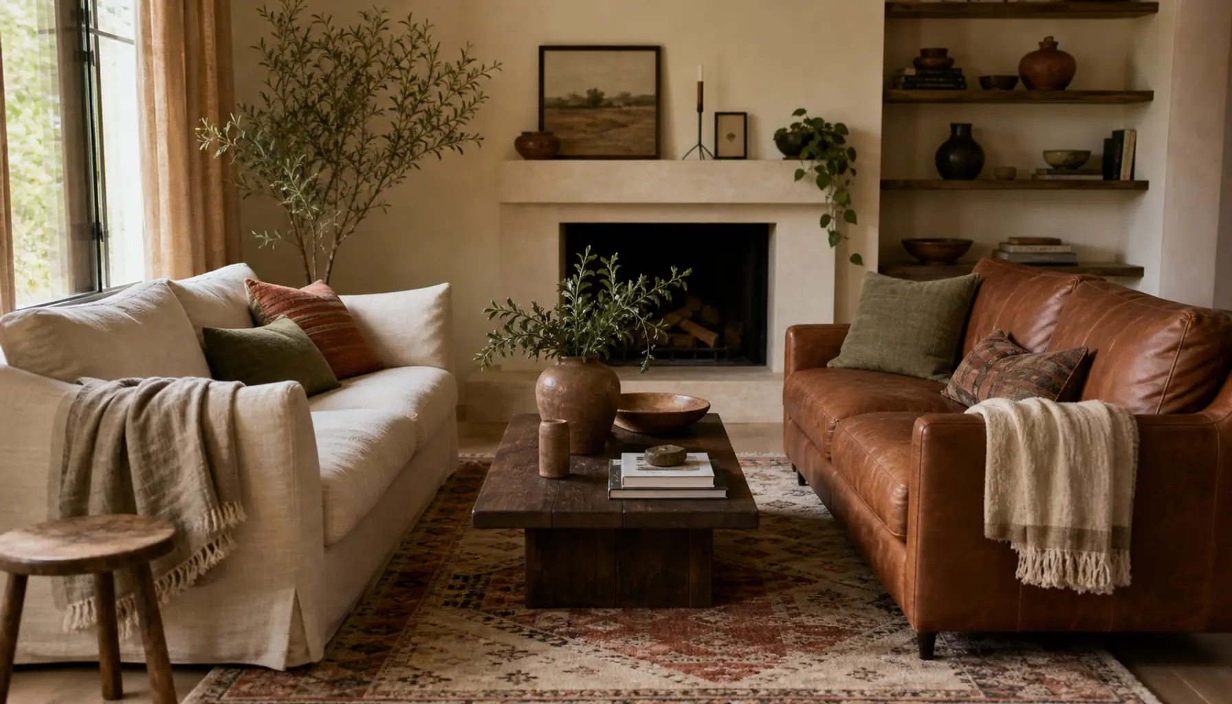 A lived-in living room with a cream linen sofa facing a caramel leather loveseat, both tied together with terracotta and sage pillows over a warm patterned rug in soft daylight