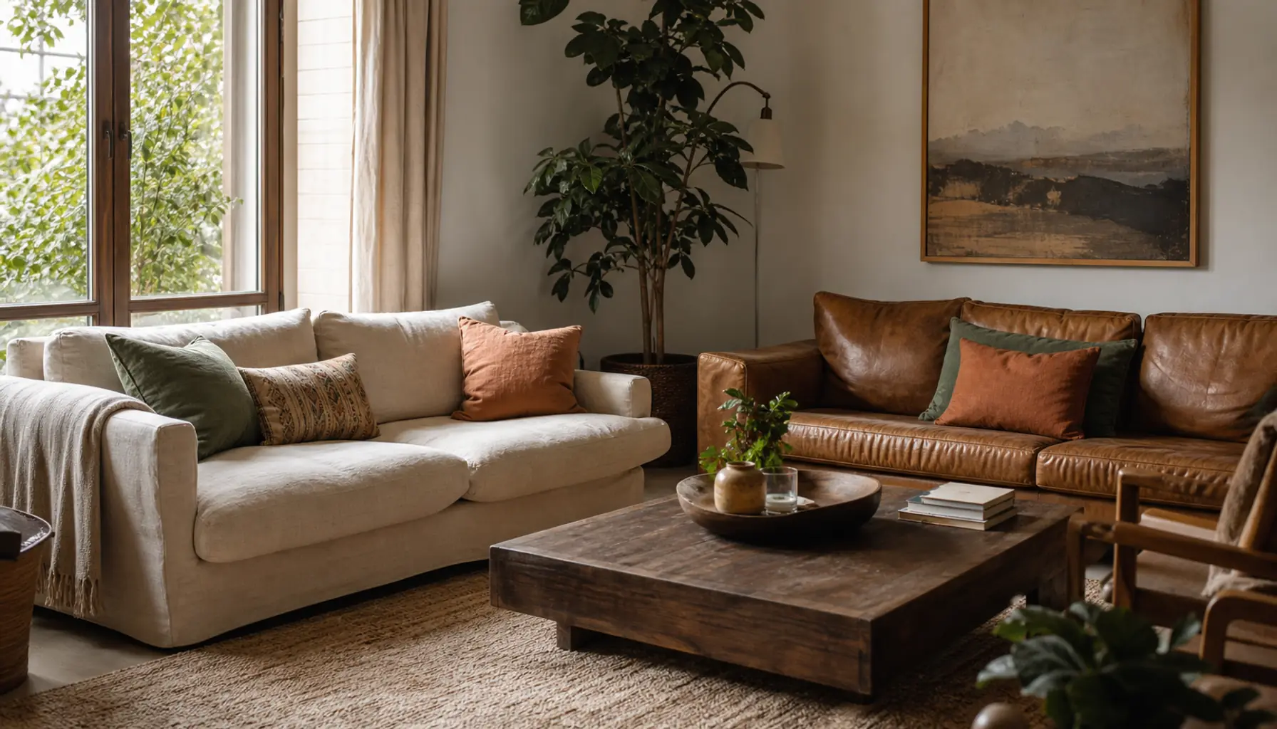 A warm corner living room with two different sofas arranged in an L-shape, unified by sage and terracotta accents, a large neutral rug, and soft daylight through a window