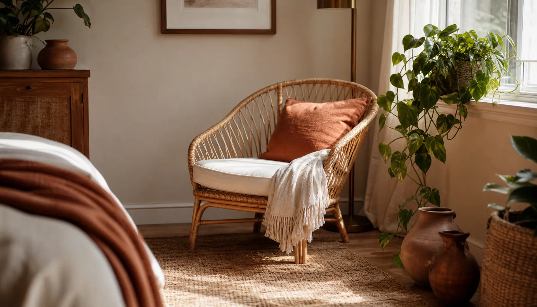 A cozy decor vignette showing one clear style, a rattan chair, layered textiles and plants in cream and terracotta tones